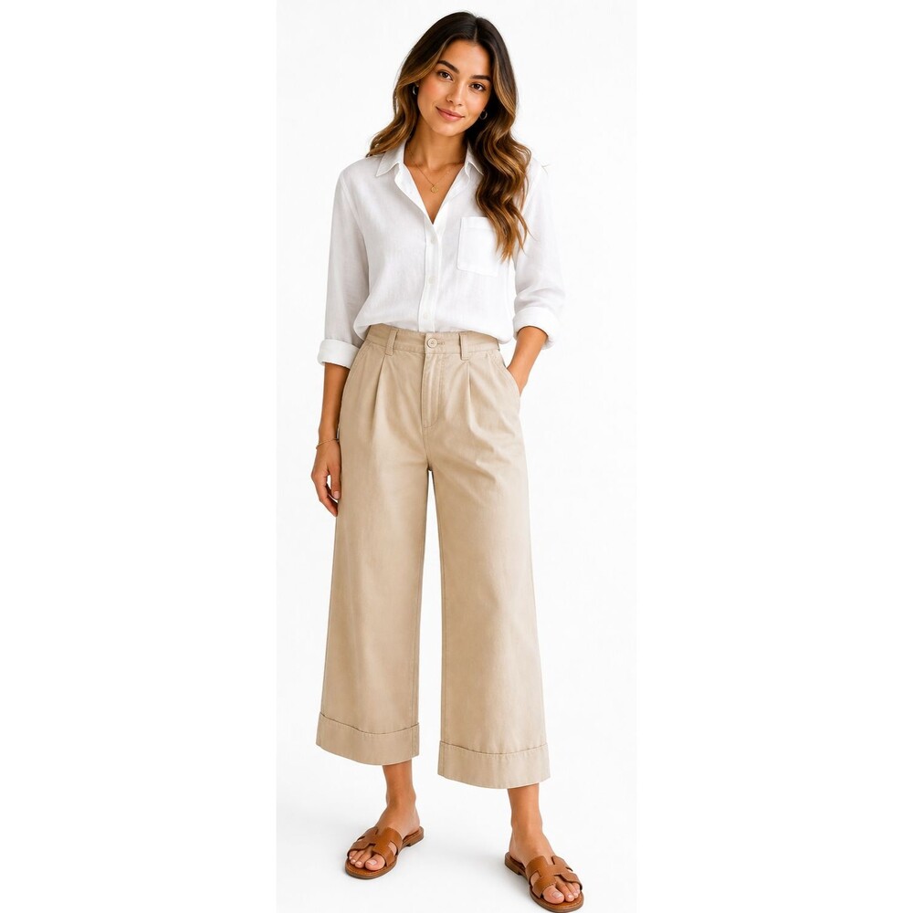 Anthropologie Beige Cropped Wide Leg Cuffed Pants NWT Size 12 Neutral Chic
